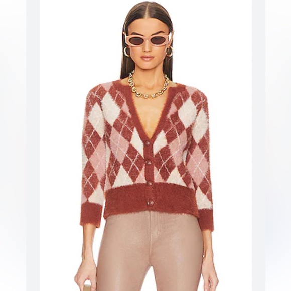 L'AGENCE Sweaters - L'AGENCE Saylor Argyle Cardigan - Red Brown and Pink